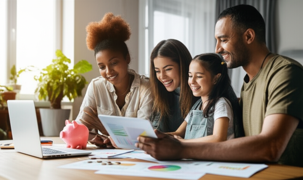 Happy family managing finances